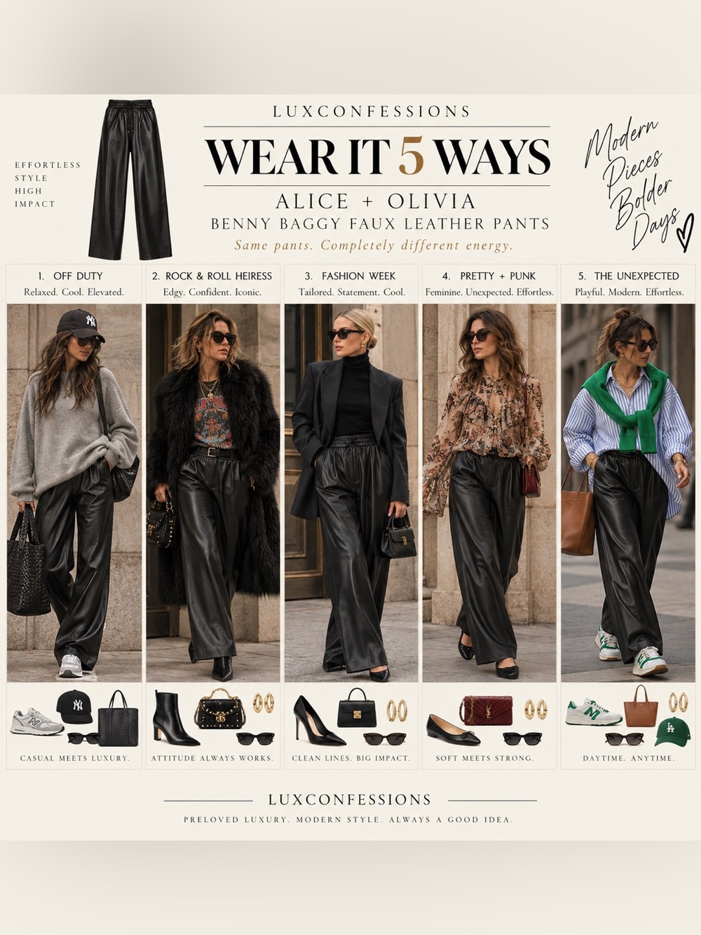 Alice + Olivia Benny Baggy Black Faux Leather Wide Leg Pants S